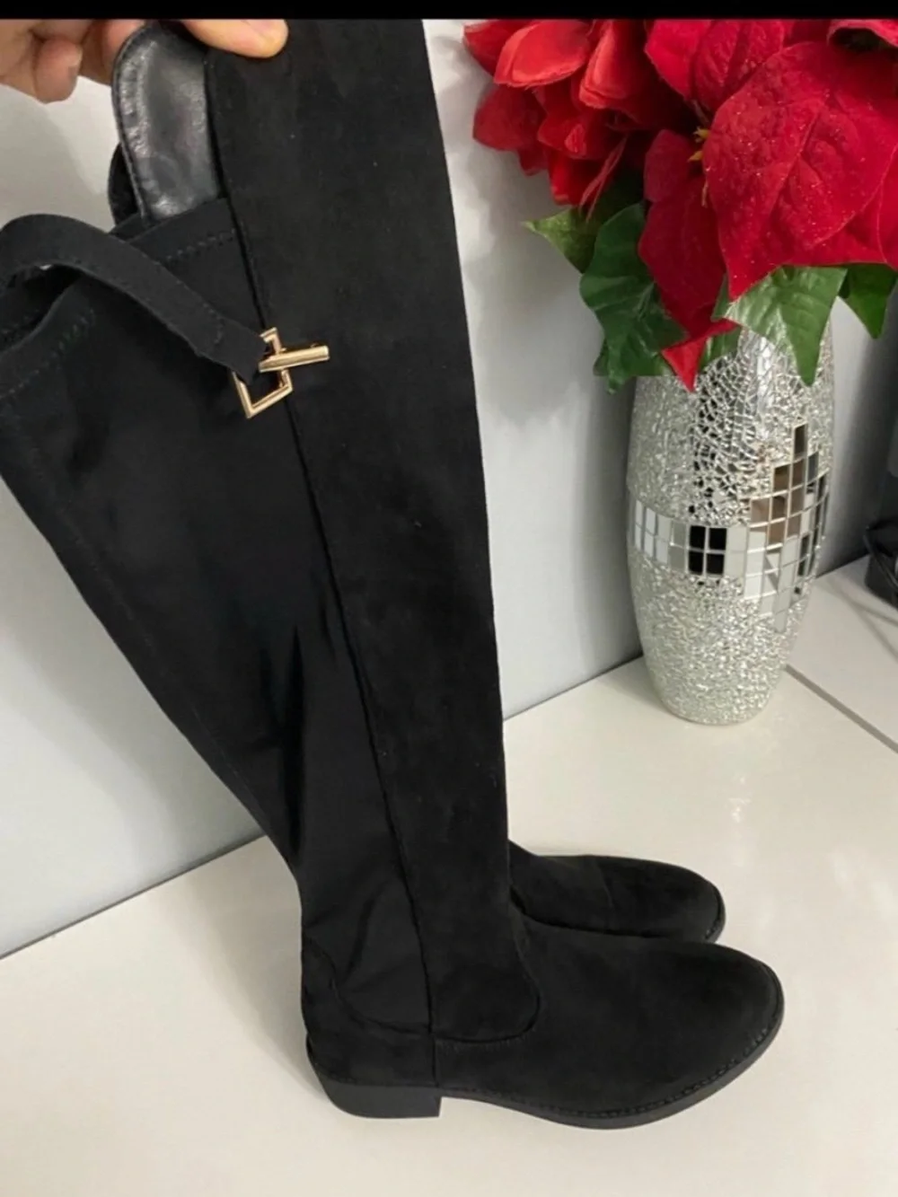 Black Over-the-Knee Suede Boots with Gold Buckle Detail